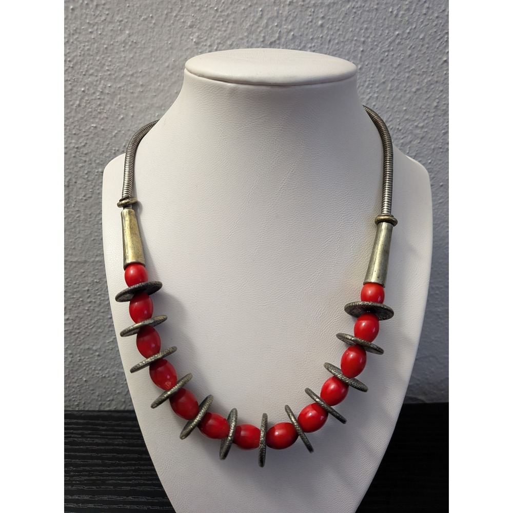 Boho Red Bead Statement Necklace Silver Tone Snake Chain Tribal Style Jewelry
